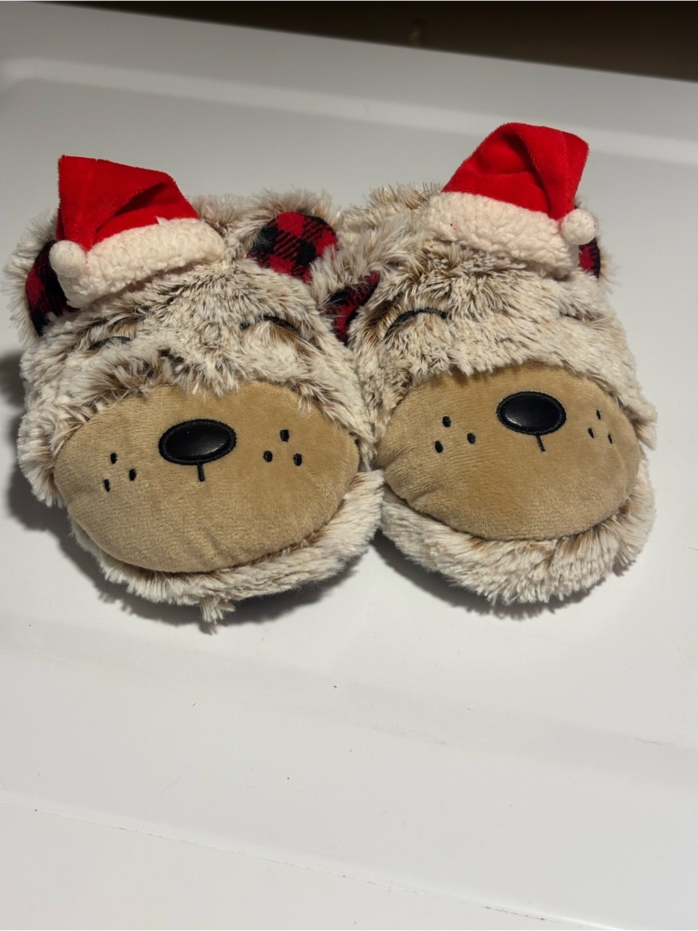dearfoams Kids Plush Bear Slippers with Red Hat and Buffalo Plaid Ears